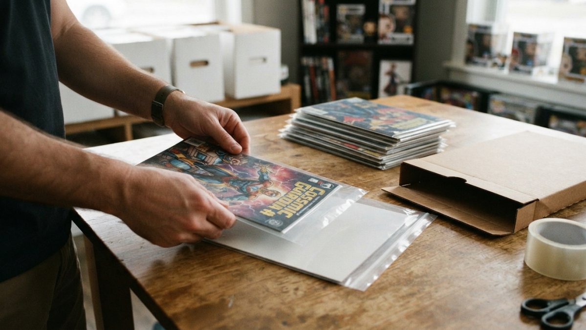 Step-by-step process for placing a comic book into a protective polyethylene sleeve with a backing board.