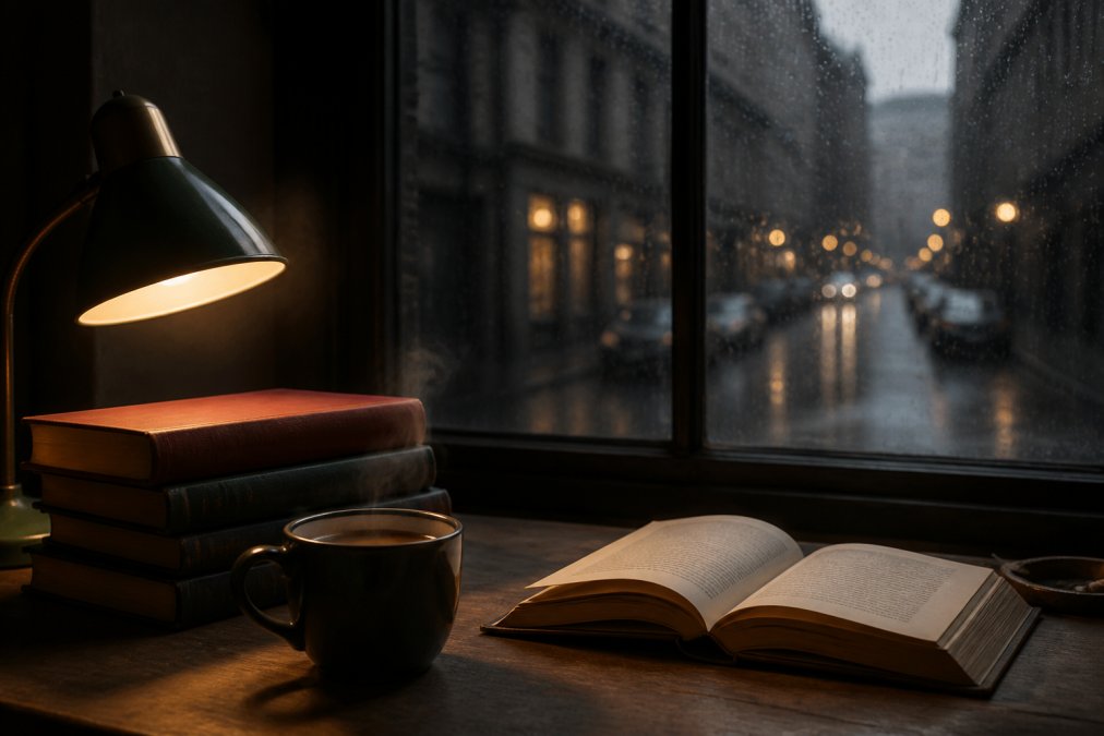Vintage crime novels in a moody reading nook, perfect to buy noir detective mystery novels for a rainy night.