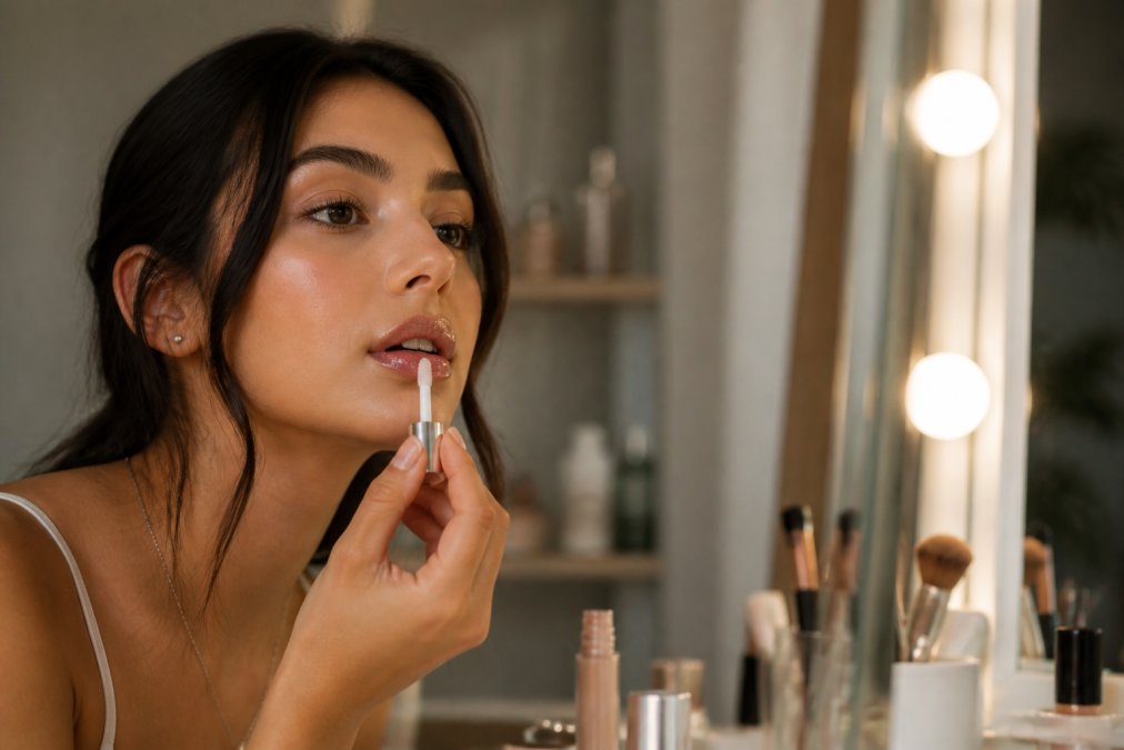 Woman applying high shine lip gloss with a doe-foot applicator in front of a softly lit vanity mirror