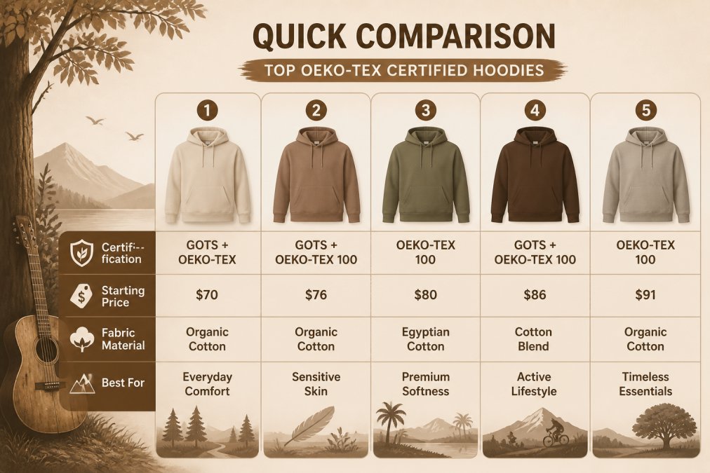 Comparison matrix of five OEKO-TEX certified hoodies by price, material, and brand certification standards.