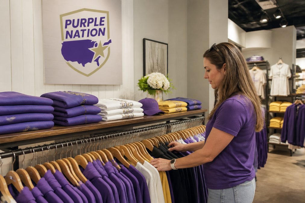 Customer browsing racks of purple and gold officially licensed JMU apparel in a retail boutique store.