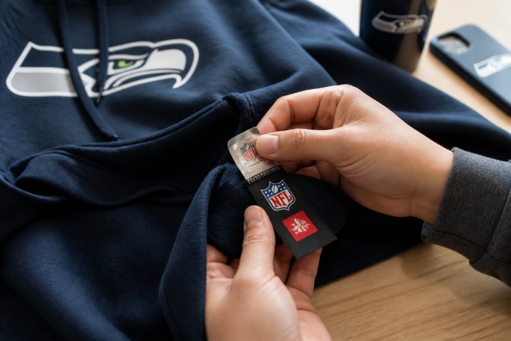 Close-up of a person's hands inspecting the official NFL hologram and woven fabric tags on a new team hoodie laid flat on a clean table, bright natural window light
