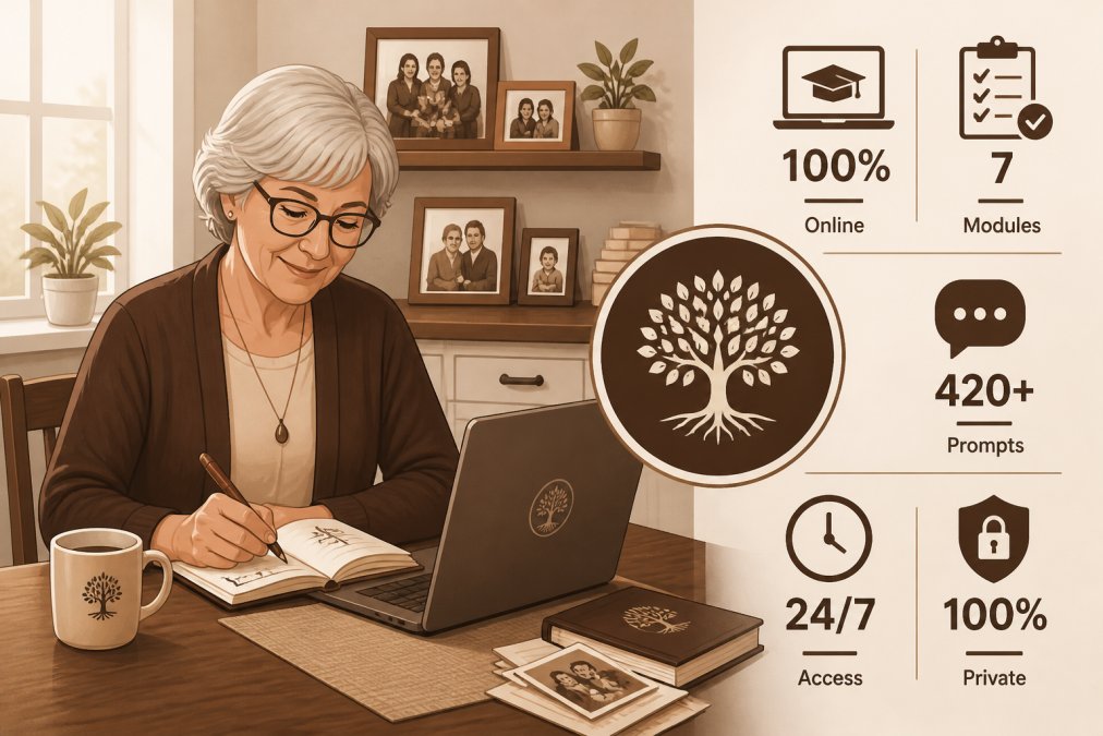 An older adult sitting comfortably at a kitchen table with a laptop open, writing in a journal beside a warm mug of tea, with natural light coming through the window and family photos visible on a shelf in the background