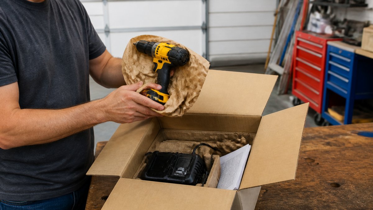 Person on a garage workbench unboxing a cordless drill and charger to inspect their new open box tools.