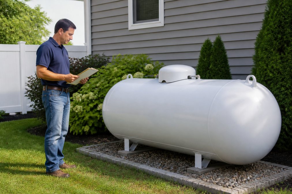 Homeowner reviewing paperwork while deciding to buy or lease a propane tank in a sunny backyard.