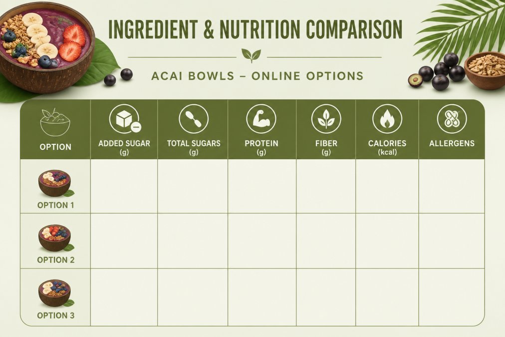 Blank comparison worksheet with columns for added sugar, total sugars, protein, fiber, calories, and allergens, and rows for two or three organic acai bowl options