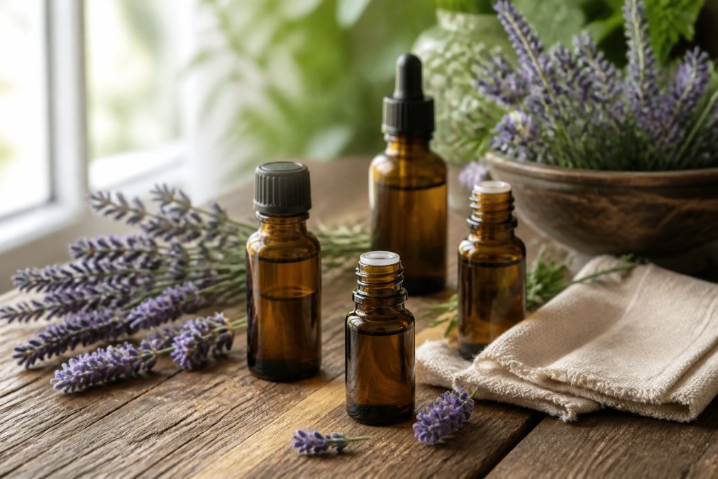 A flat lay of amber glass essential oil bottles with fresh lavender sprigs and a small cotton cloth on a rustic wooden table, soft natural window light