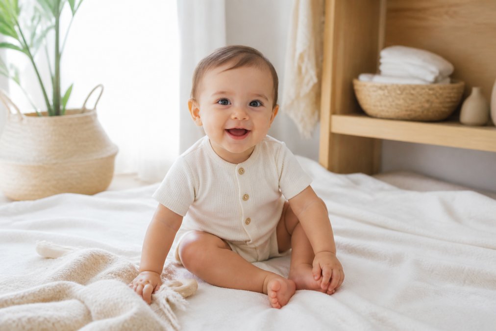 A happy baby wearing a soft organic cotton romper, sitting on a bright, clean blanket in a sunlit nursery with neutral tones