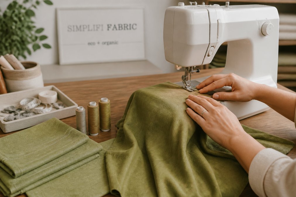 Close-up of hands guiding bamboo fabric through a sewing machine needle, with spools of thread and finished seams visible on the fabric