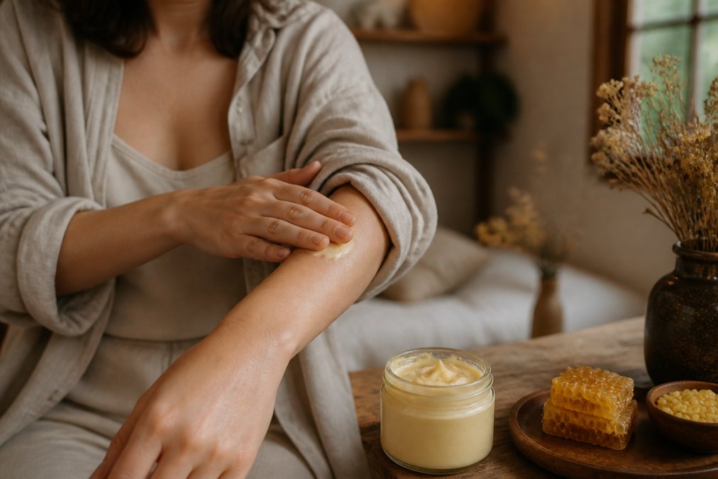 A person gently applying a small amount of thick, creamy lotion from a glass jar onto their forearm, with soft, natural light and a blurred background of a cozy, rustic home setting