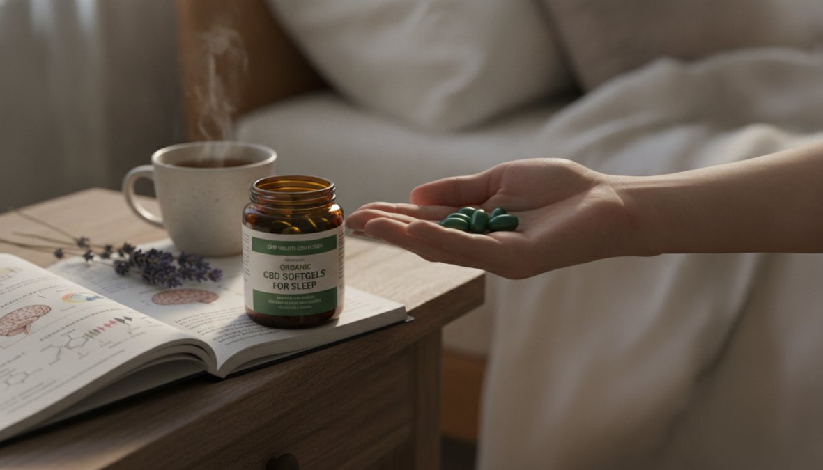 Close-up of organic CBD sleep softgel capsules in an amber glass bottle with hemp leaves and chamomile flowers visible in soft natural lighting
