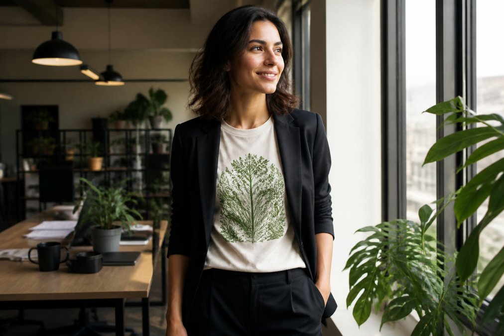 A young professional wearing a nature-inspired graphic t-shirt under a tailored blazer, standing in a bright modern office near a window with green plants, natural daylight