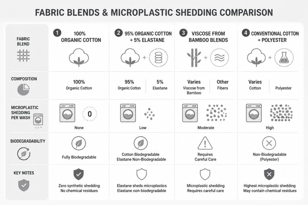 Comparison matrix of fabric blends and microplastic shedding: 100% Organic Cotton (zero synthetic shedding, fully biodegradable), 95% Organic Cotton + 5% Elastane (microplastic shedding per wash, elastane non-biodegradable), Viscose from Bamboo Blends (microplastic shedding, requires careful care), Conventional Cotton + Polyester (highest microplastic shedding, chemical residues)