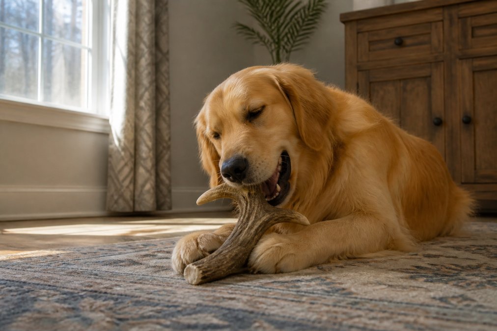 A golden retriever happily chewing a large deer antler on a living room rug, with natural light streaming from a nearby window