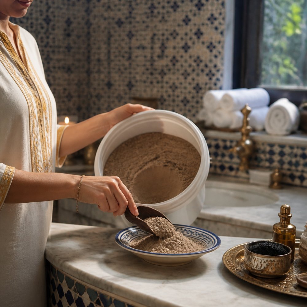 A person's hands scooping fine brown ghassoul clay powder from a large open tub onto a marble bathroom counter, soft morning light through a window
