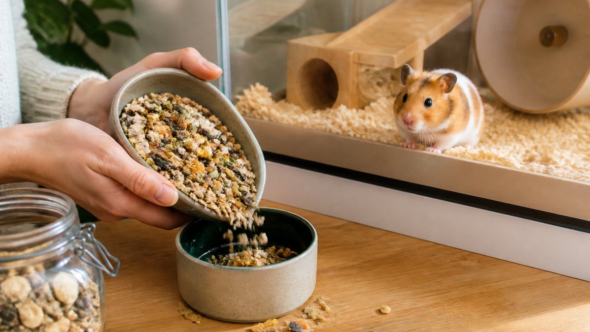 Close-up of a person's hands pouring a seed and grain hamster food mix from a scoop into a small ceramic bowl on a wooden counter, with a Syrian hamster visible in a clean enclosure in the background