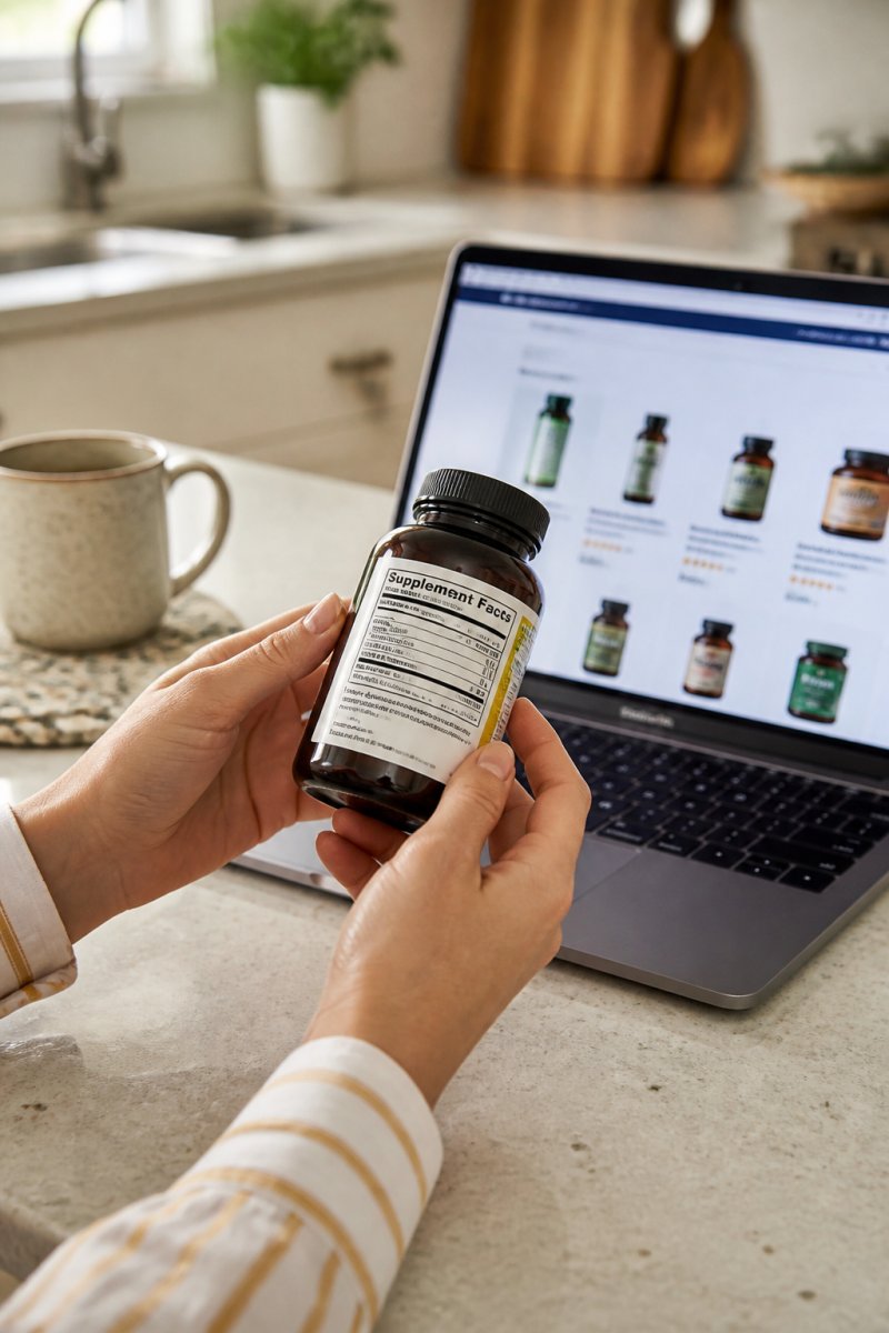 Close-up of a person's hands holding a supplement bottle while reading the ingredient label on the back, with a laptop showing an online store in the background on a bright kitchen table