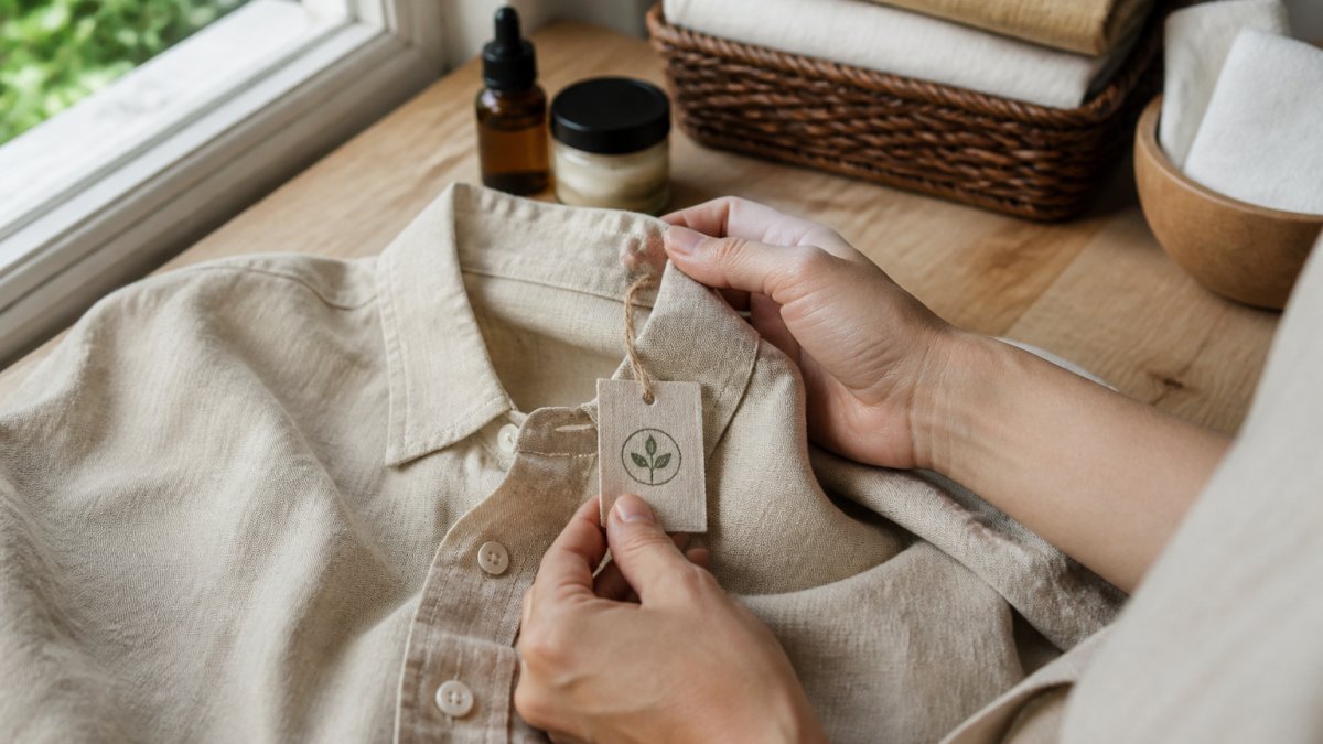 Close-up of hands examining a natural linen shirt on a wooden table, with a certification tag visible and soft daylight coming through a window
