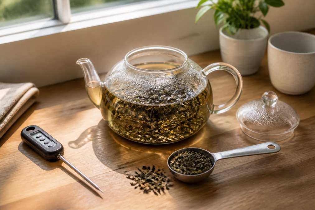 Overhead shot of a glass teapot with loose leaf tea unfurling in hot water, a small digital thermometer and a measuring spoon of tea leaves beside it on a wooden kitchen counter, morning light through a window
