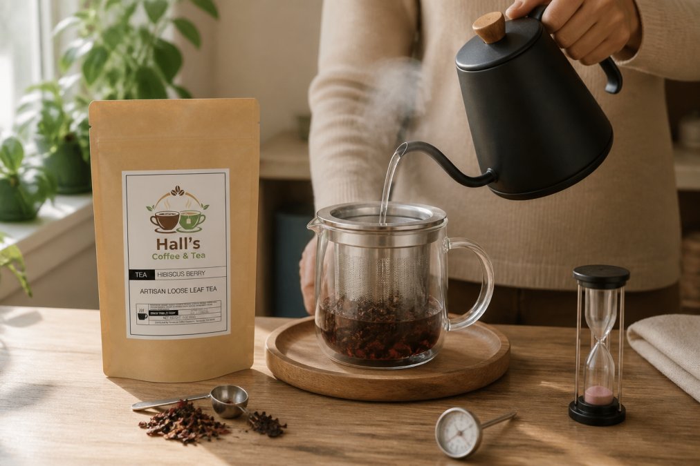 Hands pouring hot water from a gooseneck kettle into a glass infuser filled with whole leaf tea, steam rising visibly, with a stainless steel thermometer and timer visible on a wooden brewing surface, natural morning light from a window