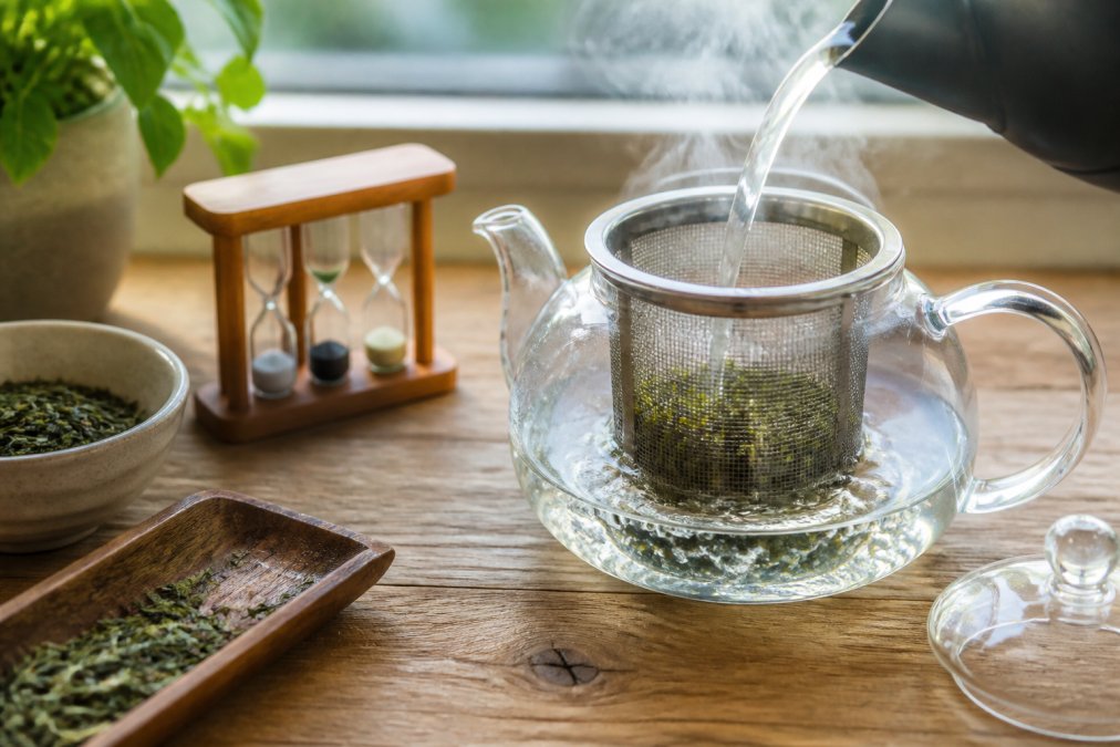 Close-up of a glass teapot being filled with hot water over a measured amount of loose leaf green tea in a strainer basket, steam rising, set on a wooden kitchen countertop with a small timer nearby