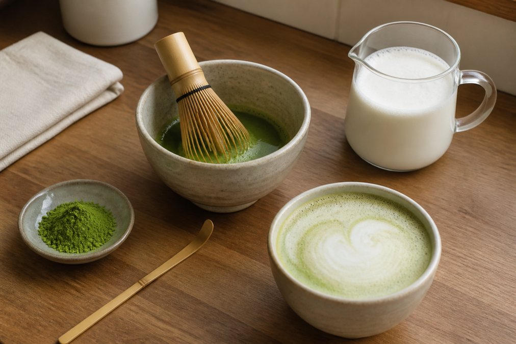 Bamboo whisk in a bowl of organic matcha next to a creamy latte on a wooden kitchen bench