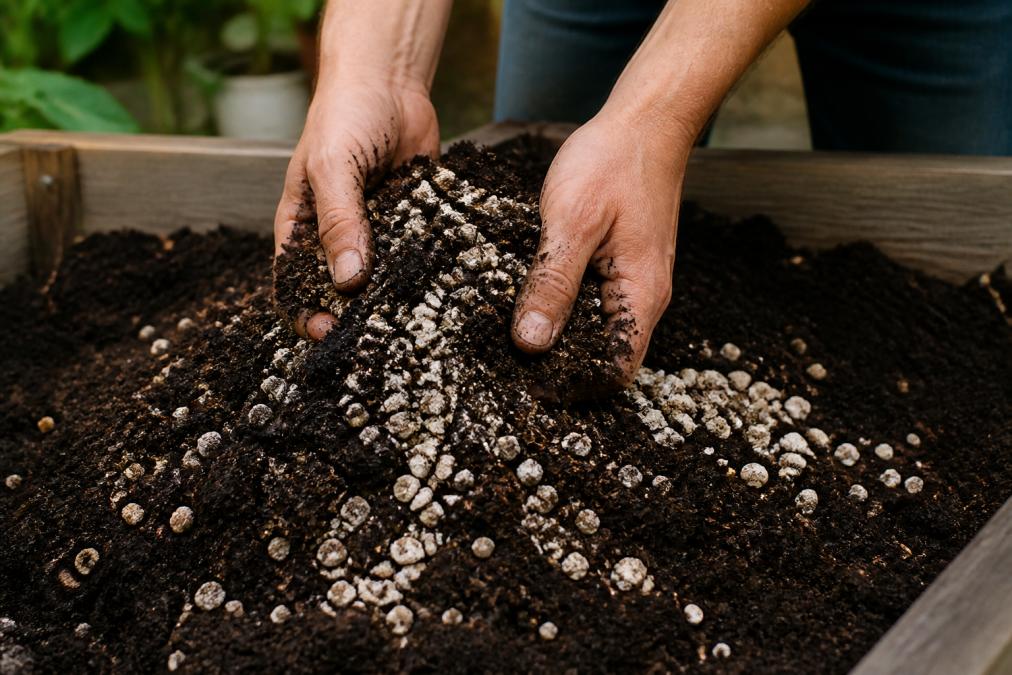 Close-up of hands mixing zeolite mineral particles into dark clay soil in a garden bed, showing white and tan mineral pieces distributed throughout the dark earth