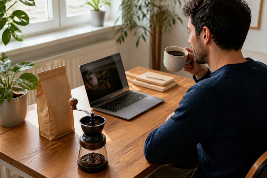 A person sitting at a home desk with a laptop, holding a cup of freshly brewed black coffee, with a bag of whole bean coffee and a grinder nearby in a bright, modern home office setting