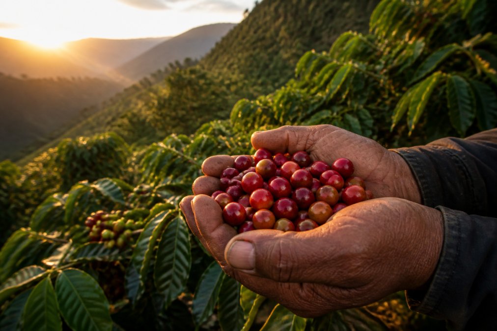 Close-up of weathered hands holding freshly harvested red coffee cherries among lush green foliage on a steep mountain slope at sunrise