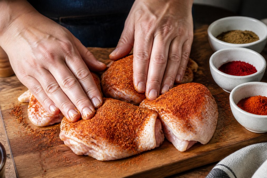Close-up of a pair of hands pressing a vibrant red-orange spice blend into raw chicken thighs on a wooden cutting board under warm kitchen lighting, with small ceramic bowls of cumin, paprika, and cayenne arranged in the background