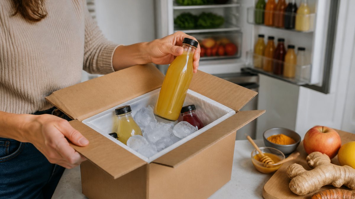 A person opening a delivery box on a kitchen counter, lifting out a glass bottle of wellness tonic surrounded by packed ice, with a refrigerator door open in the background