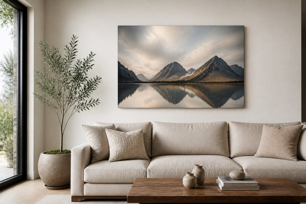 Large frameless landscape photography prints displayed above a neutral sofa in a bright minimalist living room.