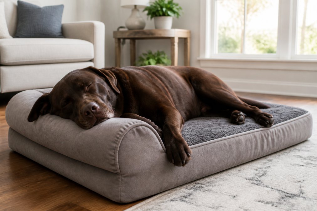 A large chocolate Labrador retriever sleeping soundly on a plush orthopedic bed, head resting on the elevated bolster, in a bright living room