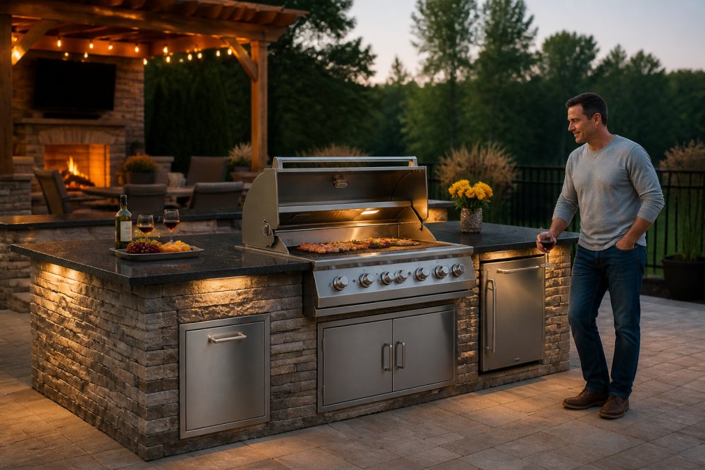 Homeowner standing beside a completed stainless steel outdoor kitchen island with built-in grill, black lava countertop, and stone veneer in a residential backyard with evening ambient lighting