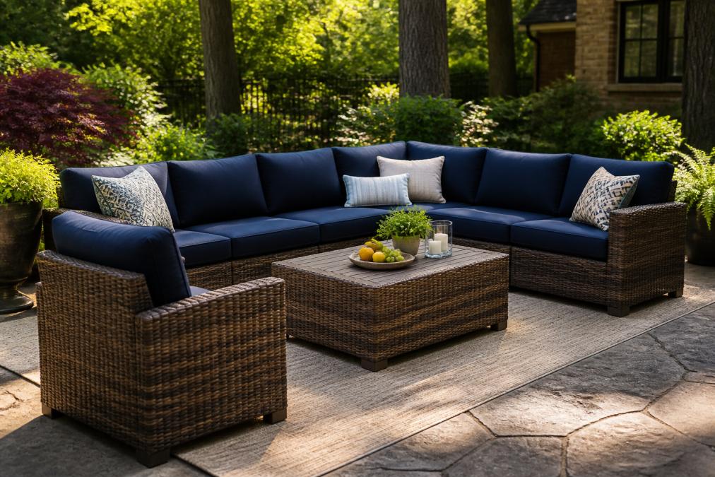Infographic comparing seating capacities and layout options for large rattan sectional sets on backyard patios