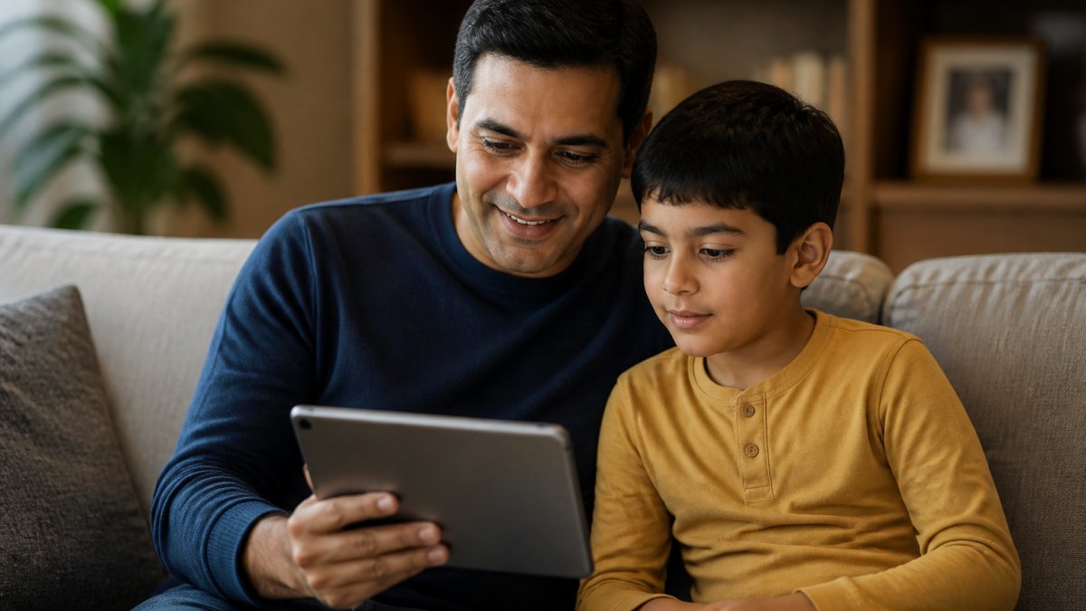 Parent and child sitting together on a couch, parent holding tablet while child watches screen, warm home environment showing supervised digital time