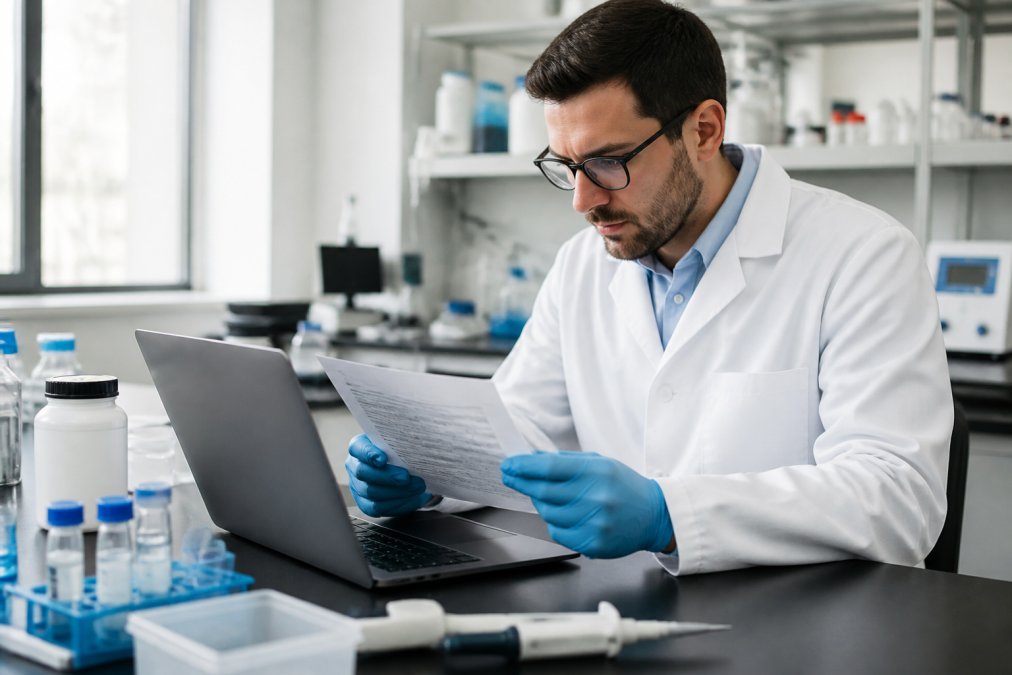 Researcher in a white coat reviewing a Certificate of Analysis before you buy peptides in a modern lab