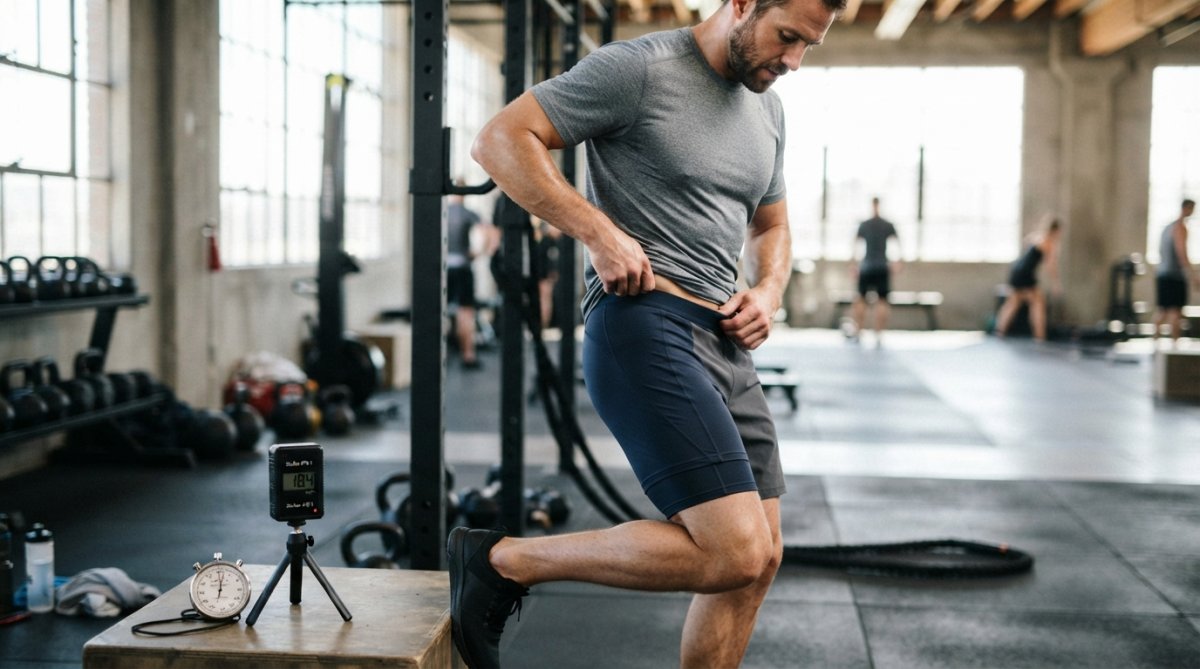Active man adjusting his premium performance boxer briefs during a workout in a bright, modern gym setting