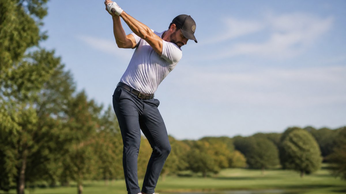 Golfer in fitted performance apparel mid-swing on the course, showing proper fit allowing full range of motion without bunching or fabric restriction, natural outdoor lighting