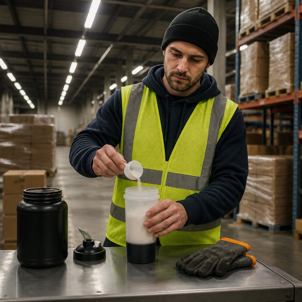 Infographic process for choosing performance supplements while working a night shift in a warehouse environment.