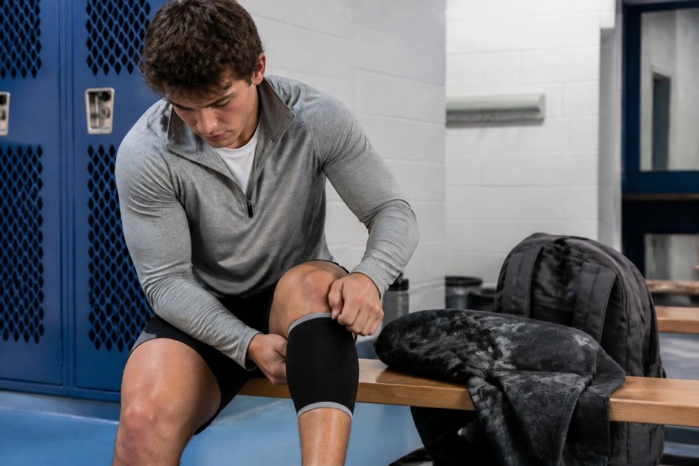 A young wrestler in a white performance tee and grey quarter-zip pullover adjusting gear in a bright locker room, with a camo windbreaker and a 20L backpack resting on a wooden bench nearby