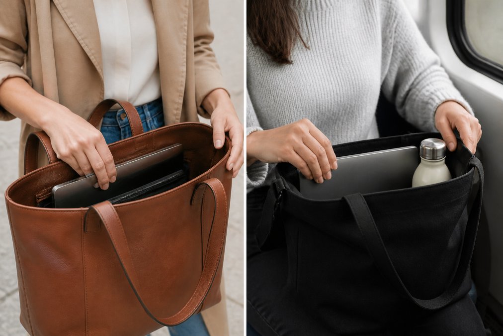 Close-up of a woman's hands holding a tan leather tote bag with a laptop sleeve visible inside, natural light, neutral tones, everyday commute setting
