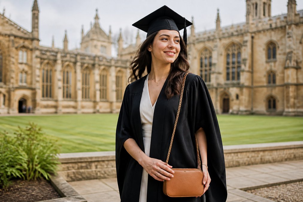 A young woman in a graduation gown holding a small tan leather crossbody bag with gold chain strap, standing outdoors on a university campus with a soft-focus background of historic buildings