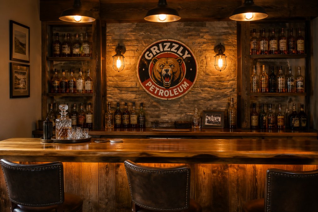 A finished man cave with a personalized aluminum bar sign mounted above a wooden bar counter, showing the sign in context with vintage pub lighting, shelving with spirits bottles, and industrial-style wall sconces creating warm amber lighting