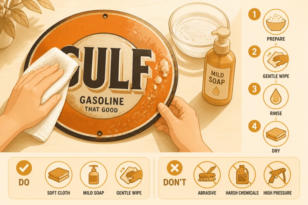 Close-up of hands gently cleaning an aluminum bar sign with a soft white cloth and mild soap solution, demonstrating proper care technique in natural daylight