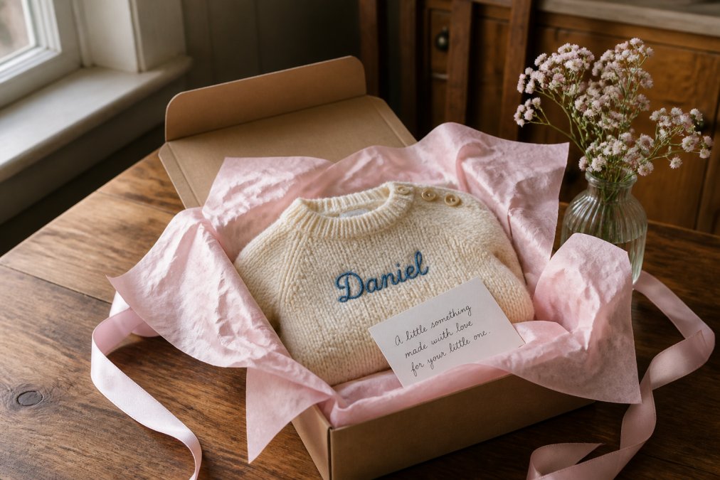 A beautifully wrapped gift box open on a wooden table revealing a soft hand-knitted cream baby sweater with a hand-embroidered name in blue thread, surrounded by pale pink tissue paper and a small handwritten card, warm natural light from a nearby window