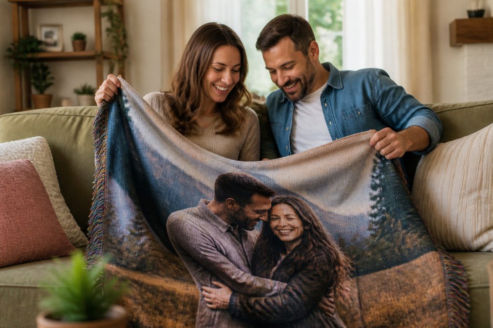 A couple smiling on a couch while unfolding a photo-printed woven blanket to buy personalized blankets for anniversary