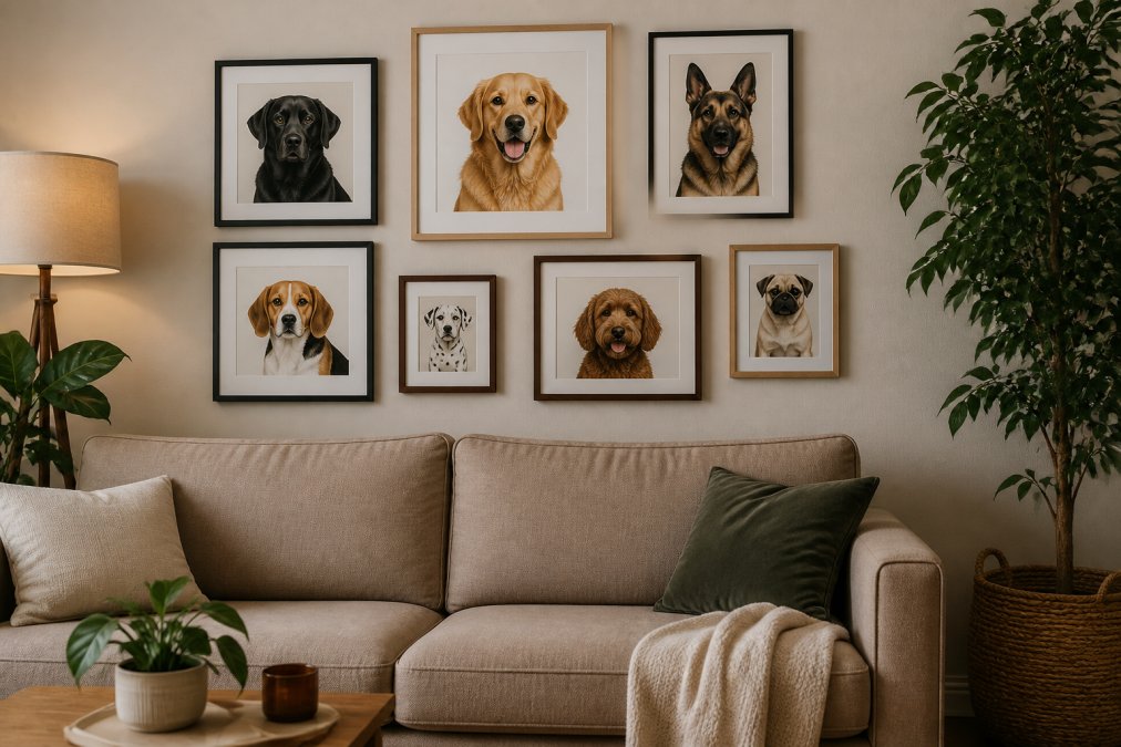A cosy living room wall with a gallery arrangement of framed dog breed portraits in mixed sizes, surrounded by a sofa, houseplants and warm lamp light, showing how pet art sits within real home decor