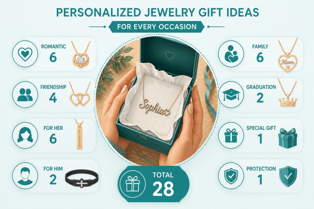 Close-up of a woman's hands holding a delicate gold name necklace nestled in a gift box lined with white tissue paper, warm natural lighting on a wooden table
