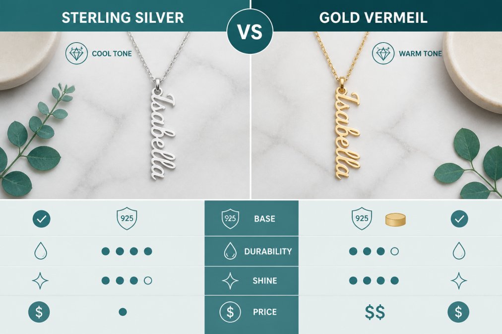 Side-by-side flat lay of a sterling silver name necklace and a gold vermeil name necklace on a light marble surface, soft studio lighting highlighting the contrast between the cool silver and warm gold tones